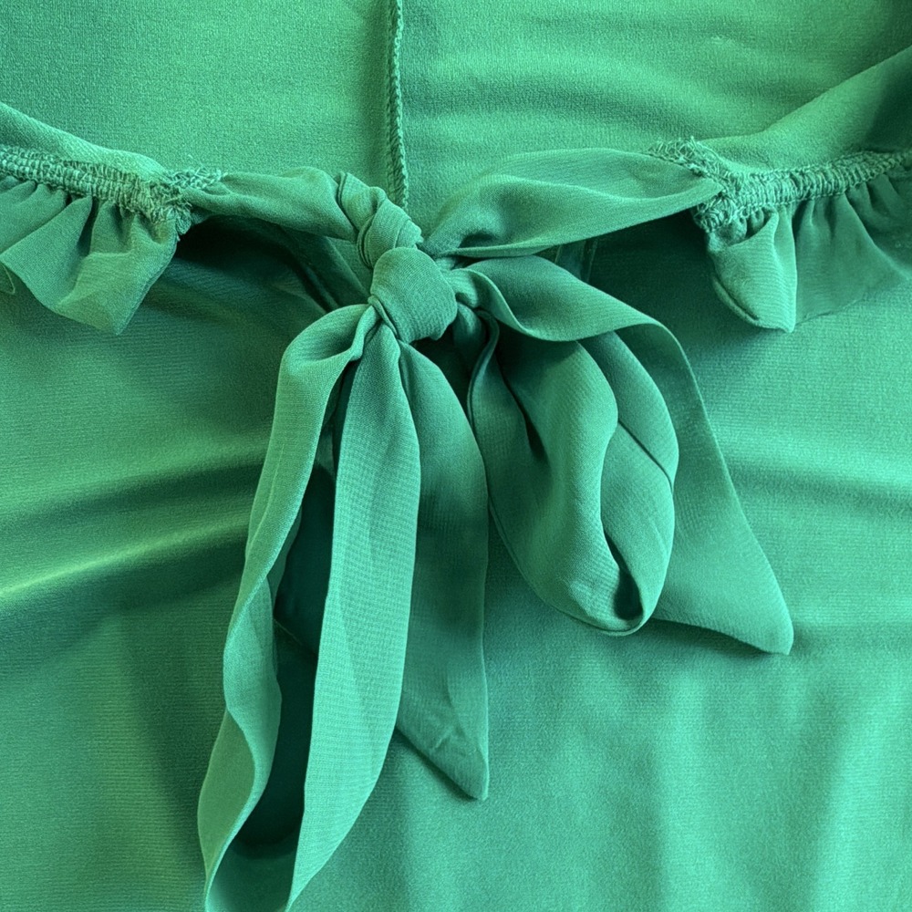 Liz McCoy Women's Solid Green Tie Neck V-Neck Chiffon Ruffle Puff Blouse XL